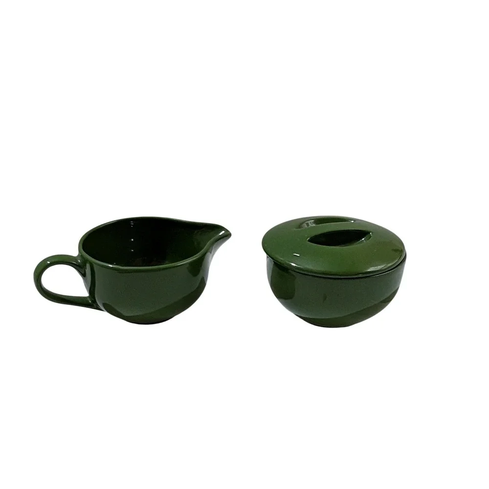 Vintage Green Ceramic Creamer and Lidded Sugar Bowl Set Mid Century Modern